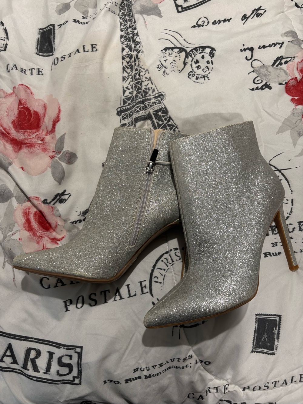 Nine West Silver Glitter Pointed-Toe Ankle Booties